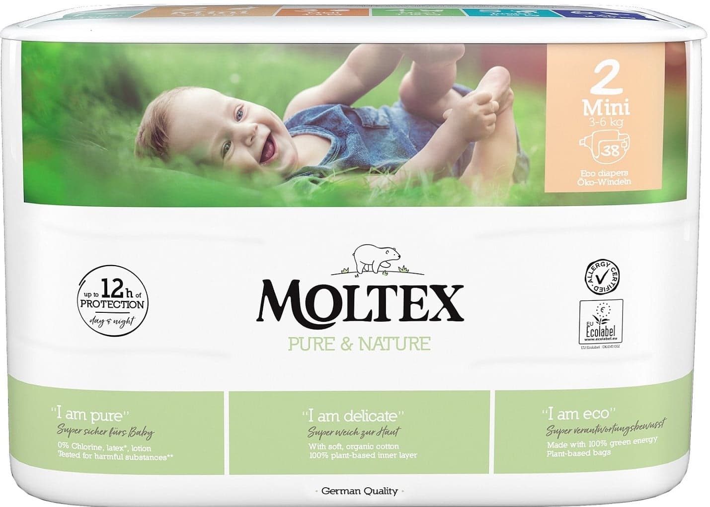 Moltex Pure & Nature EKO Jednorázové dětské plenky mini 3–6 kg (velikost 2)