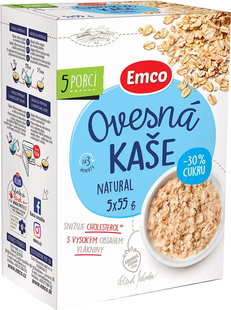 Emco Ovesná kaše natural s -30 % cukru 5x55 g