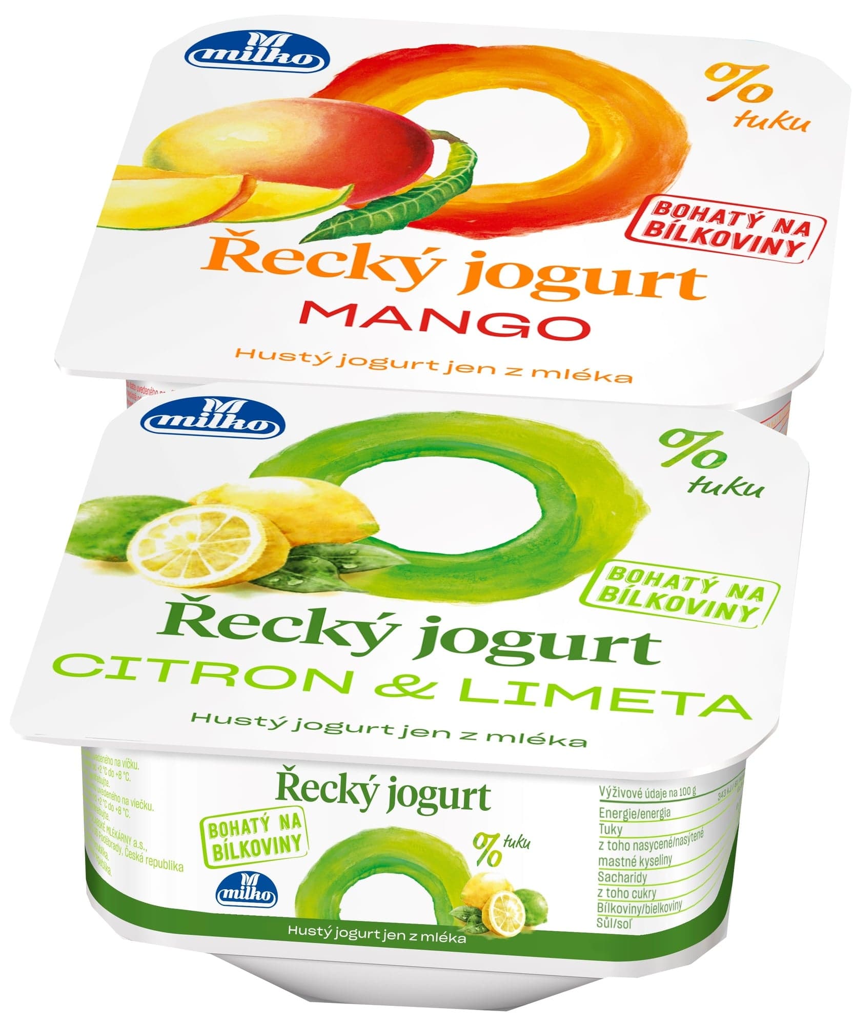 Milko Řecký jogurt 0% mango + citron/limetka 2×140 g