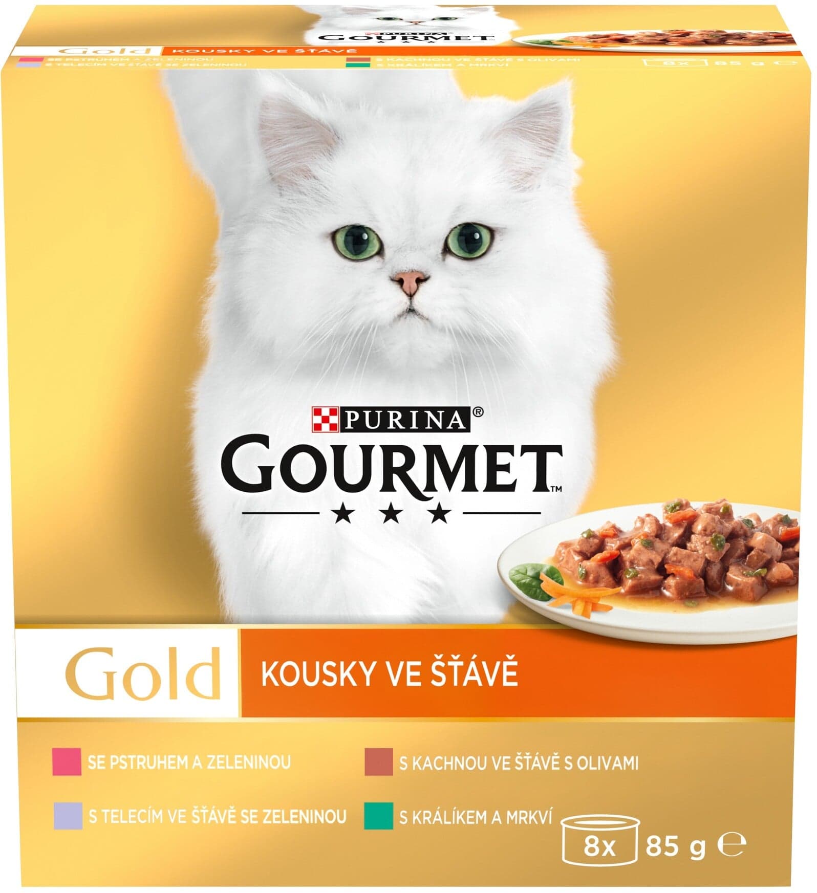 Gourmet Gold konzervy pro kočky kachna, pstruh, králík, telecí ve šťávě 8×85 g