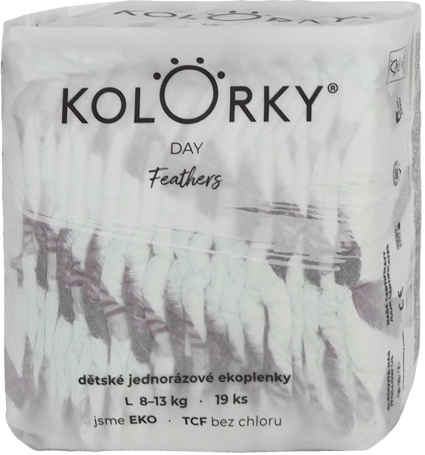 Kolorky EKO Jednorázové plenky day L pírka (8–13 kg) 19 ks