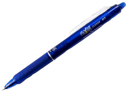 Pilot FriXion Clicker 07, modrý gelový gumovací roller, šířka stopy 0,35 mm, šířka hrotu 0,7 mm