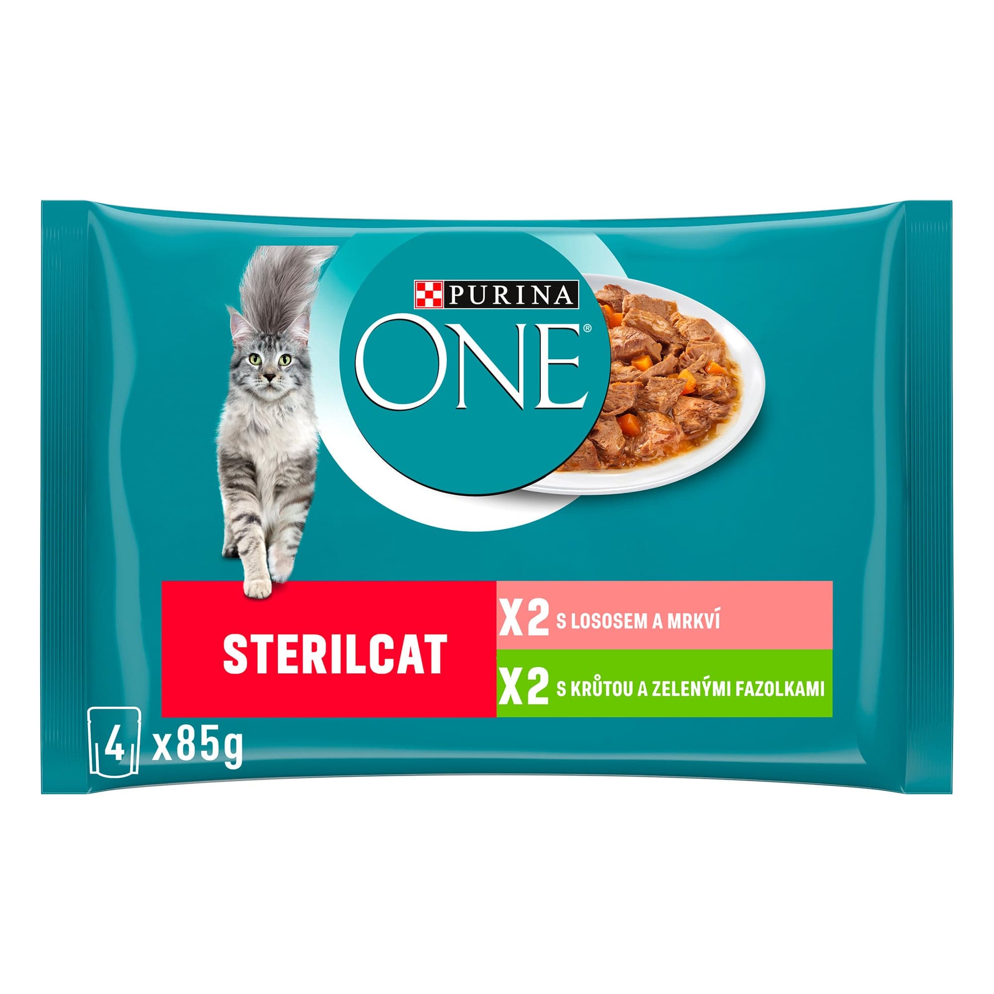 Purina ONE Sterilised kapsičky pro kočky krůta, losos ve šťávě 4×85 g
