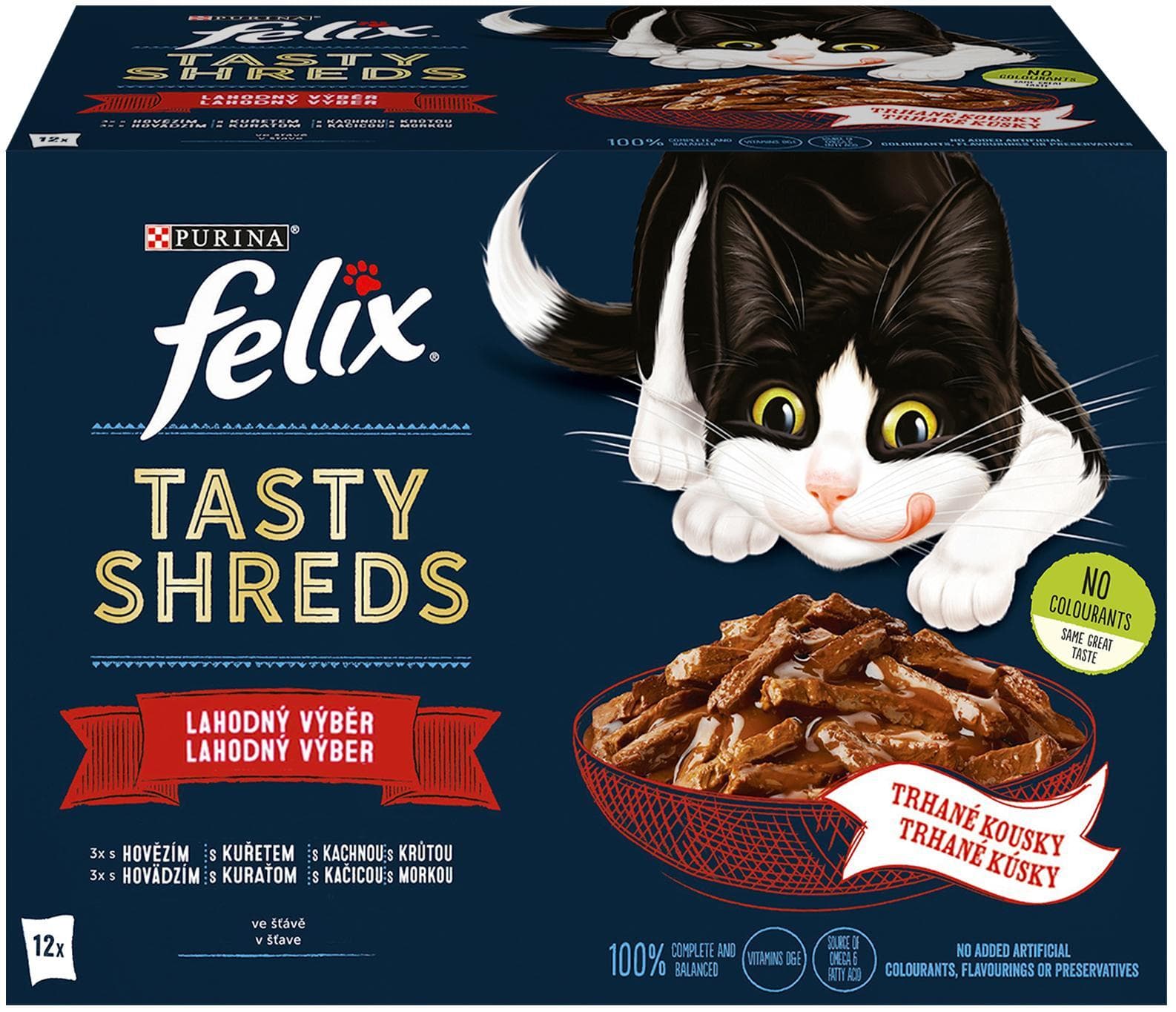Felix Tasty Shreds kapsičky pro kočky hovězí, kuře, kachna, krůta ve šťávě 12×80 g
