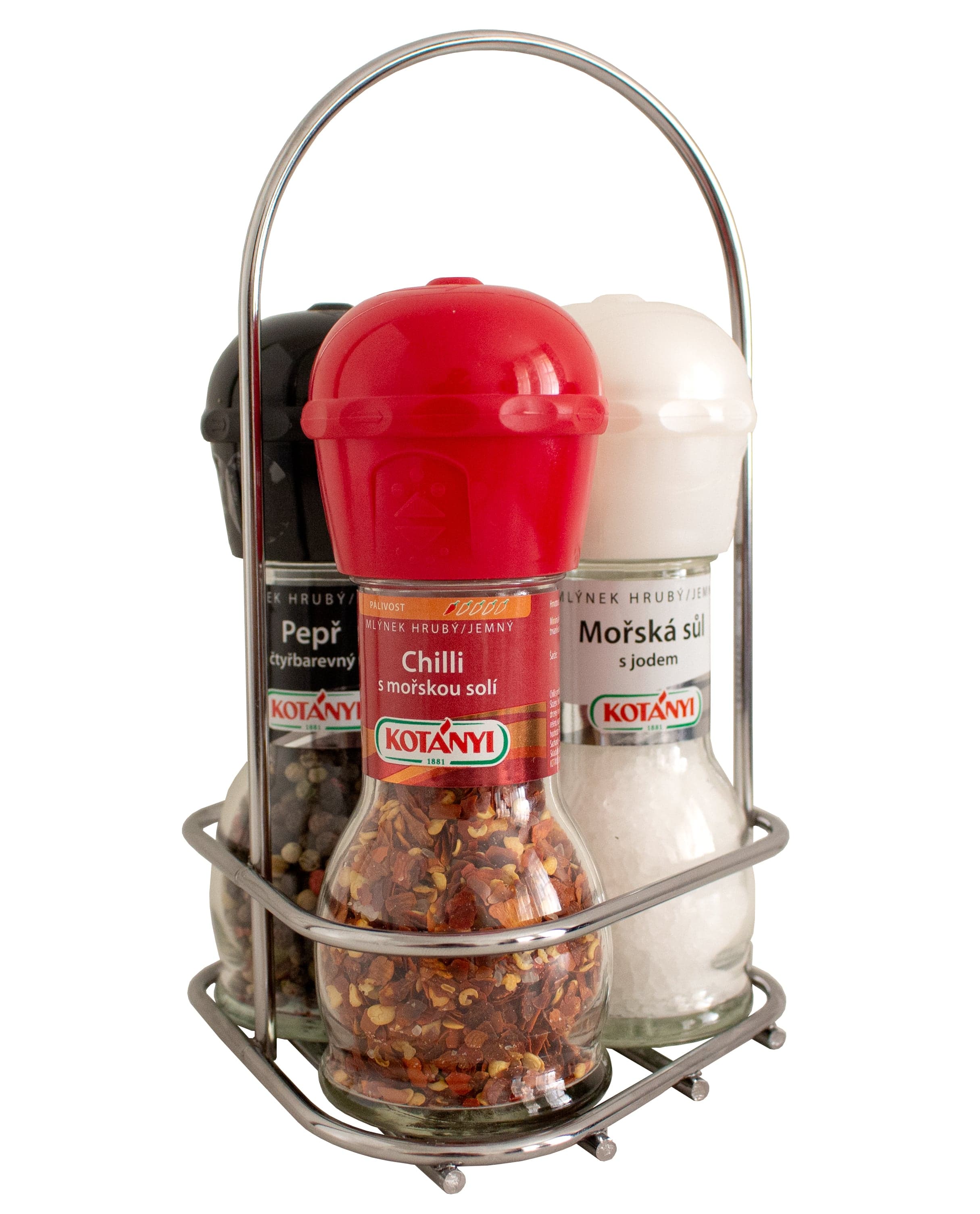 Kotányi Stojánek s mlýnky mořská sůl, pepř čtyřbarevný, Chilli a mořská sůl