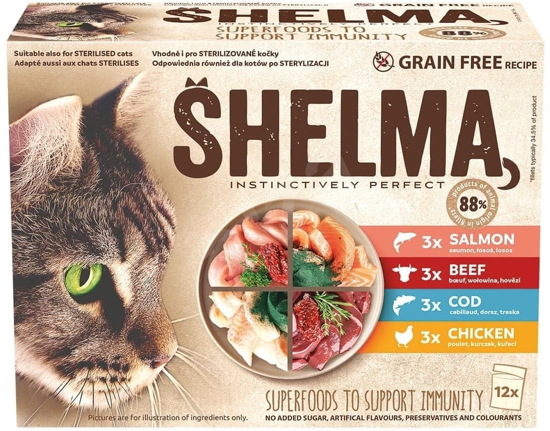 Shelma Bezobilné dušené filetky výběr z masa a ryb pro kočky 12×85 g