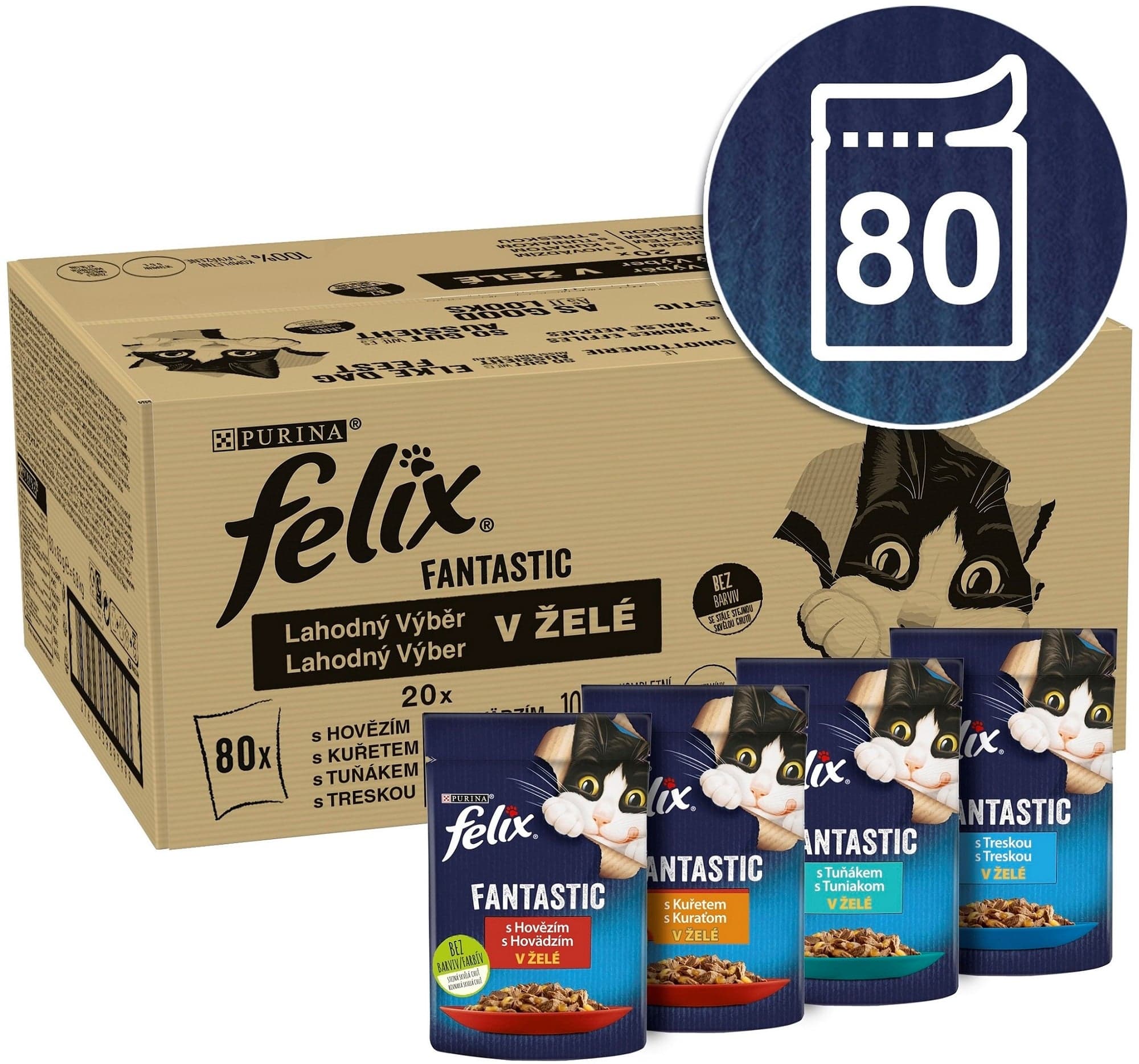 Felix Fantastic kapsičky pro kočky hovězí, kuře, tuňák, treska v želé 80×85 g