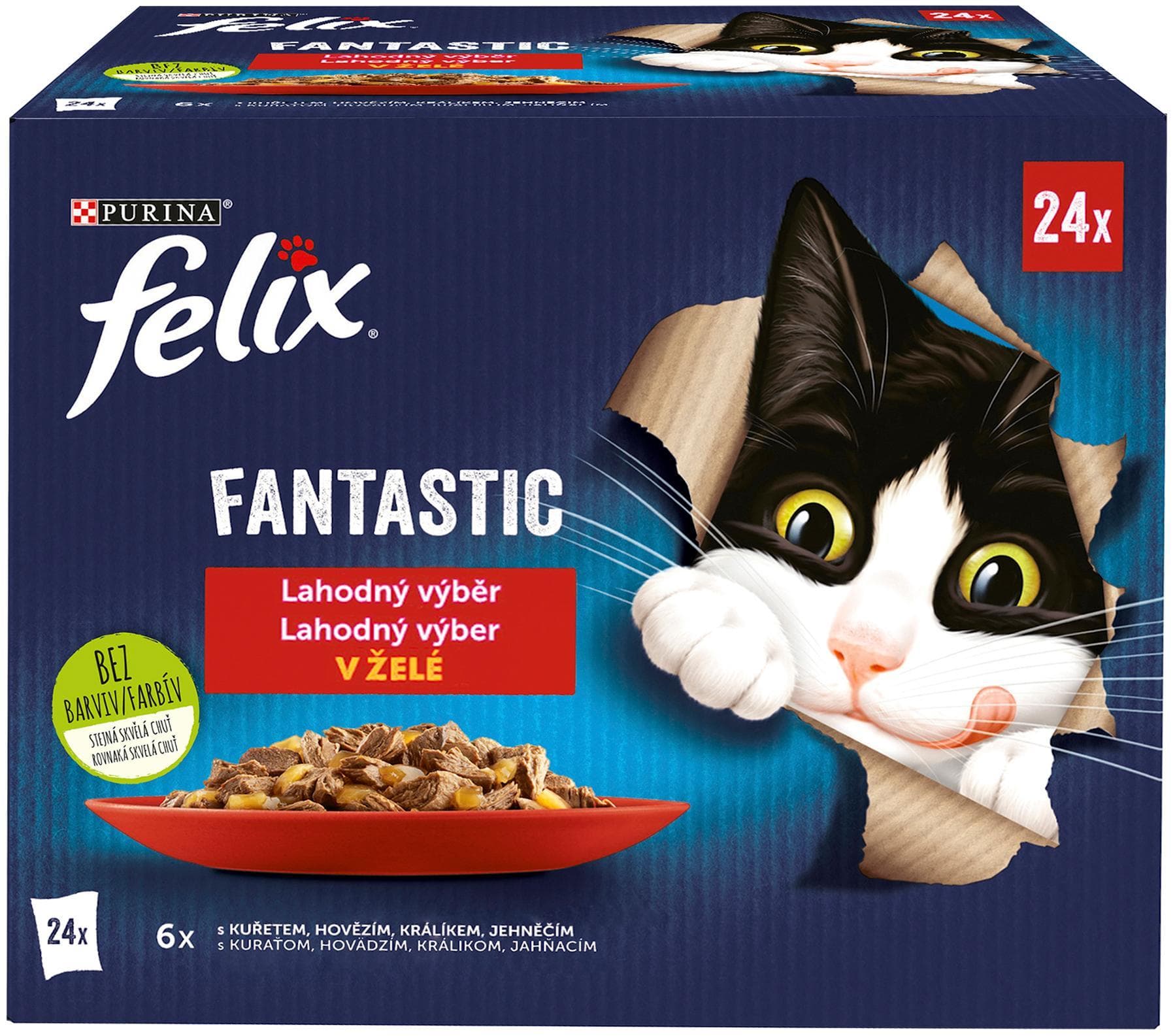Felix Fantastic kapsičky pro kočky kuře, hovězí, králík, jehněčí v želé 24×85 g