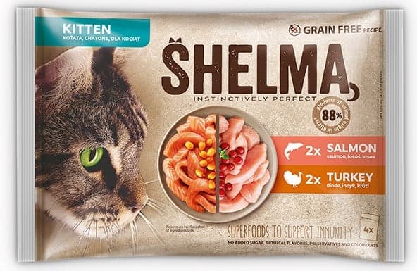 Shelma Bezobilné dušené filetky pro koťata losos a krůta 4×85 g