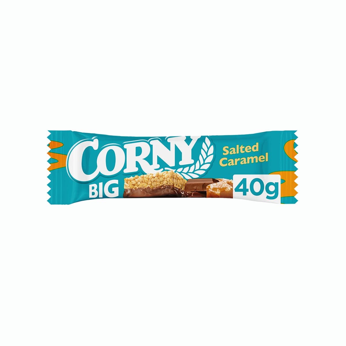 Corny BIG Cereální tyčinka se slaným karamelem, polomáčená v mléčné čokoládě