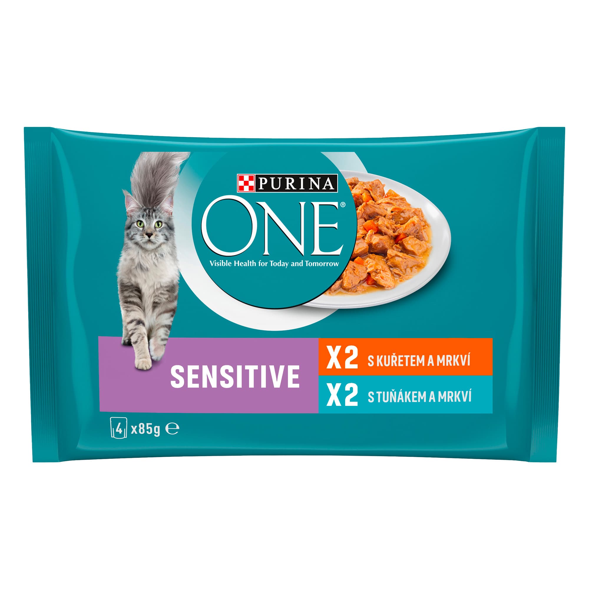 Purina ONE Sensitive kapsičky pro kočky kuře, tuňák ve šťávě 4×85 g