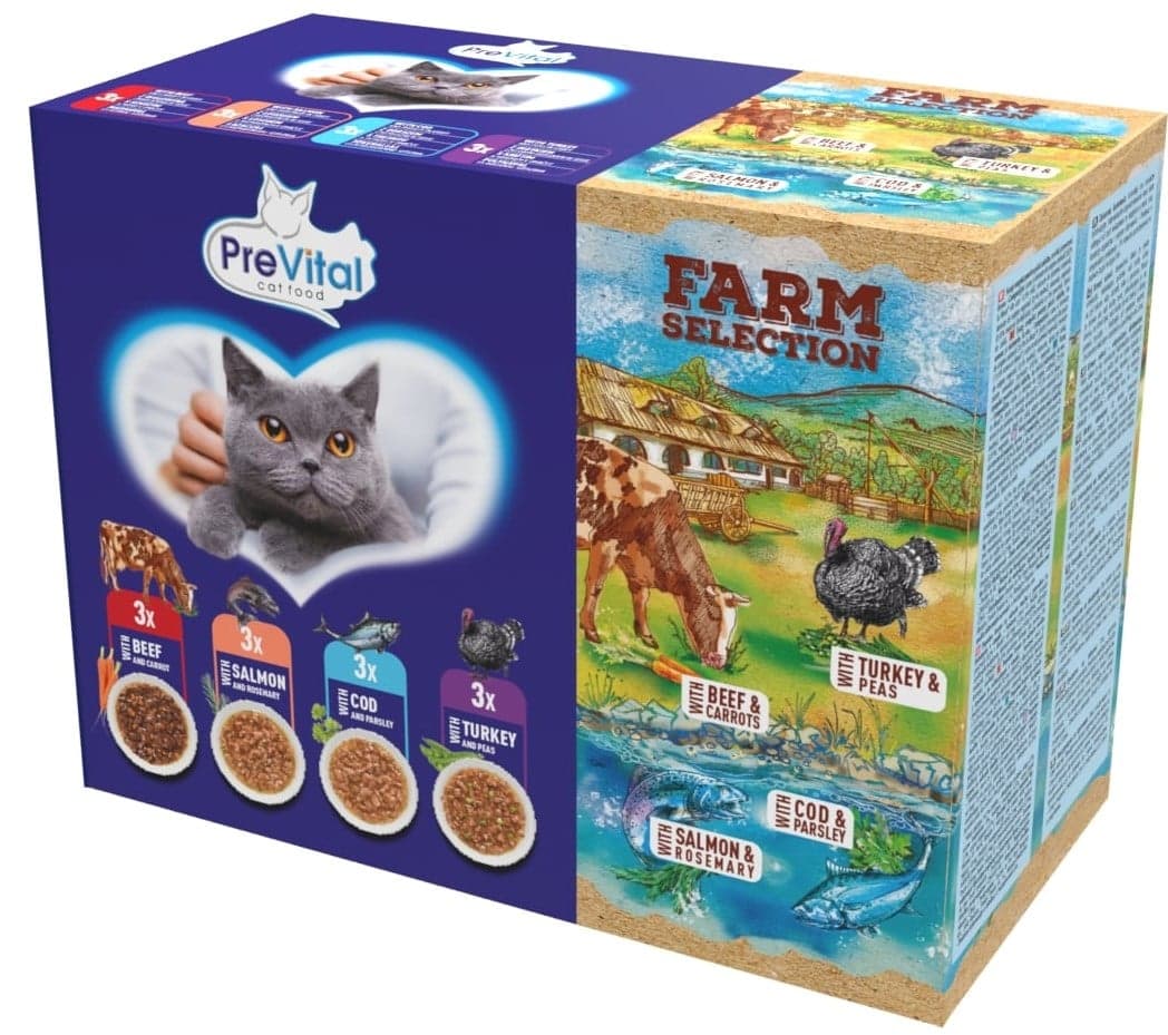 PreVital Farm Selection Kapsičky pro kočky s hovězím a mrkví / lososem a rozmarýnem / krůtím a hráškem / treskou a petrželí v omáčce 12×85 g