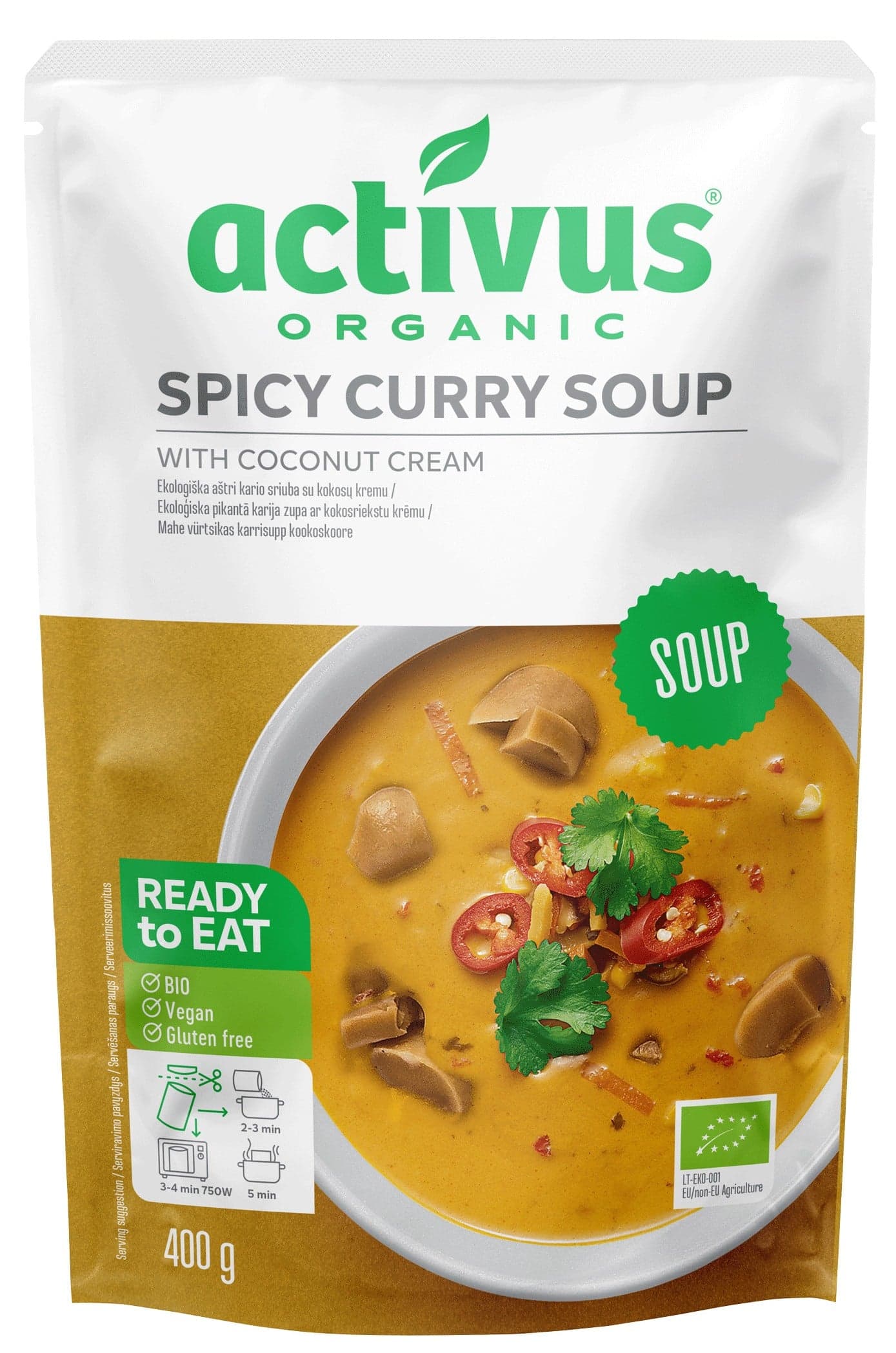 Activus BIO Pikantní curry polévka s kokosovým mlékem a houbami shiitake