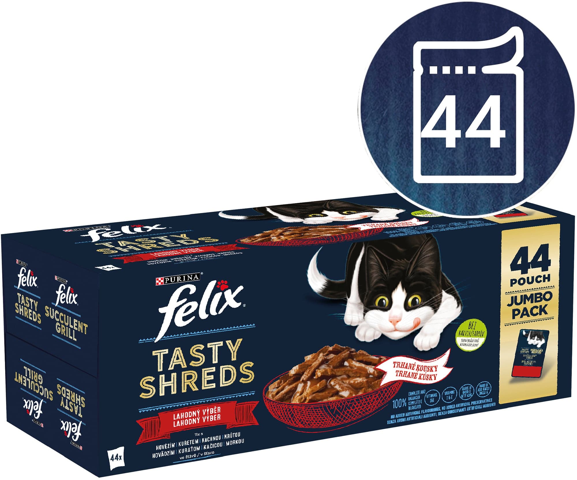Felix Tasty Shreds kapsičky pro kočky hovězí, kuře, kachna, krůta ve šťávě 44×80 g