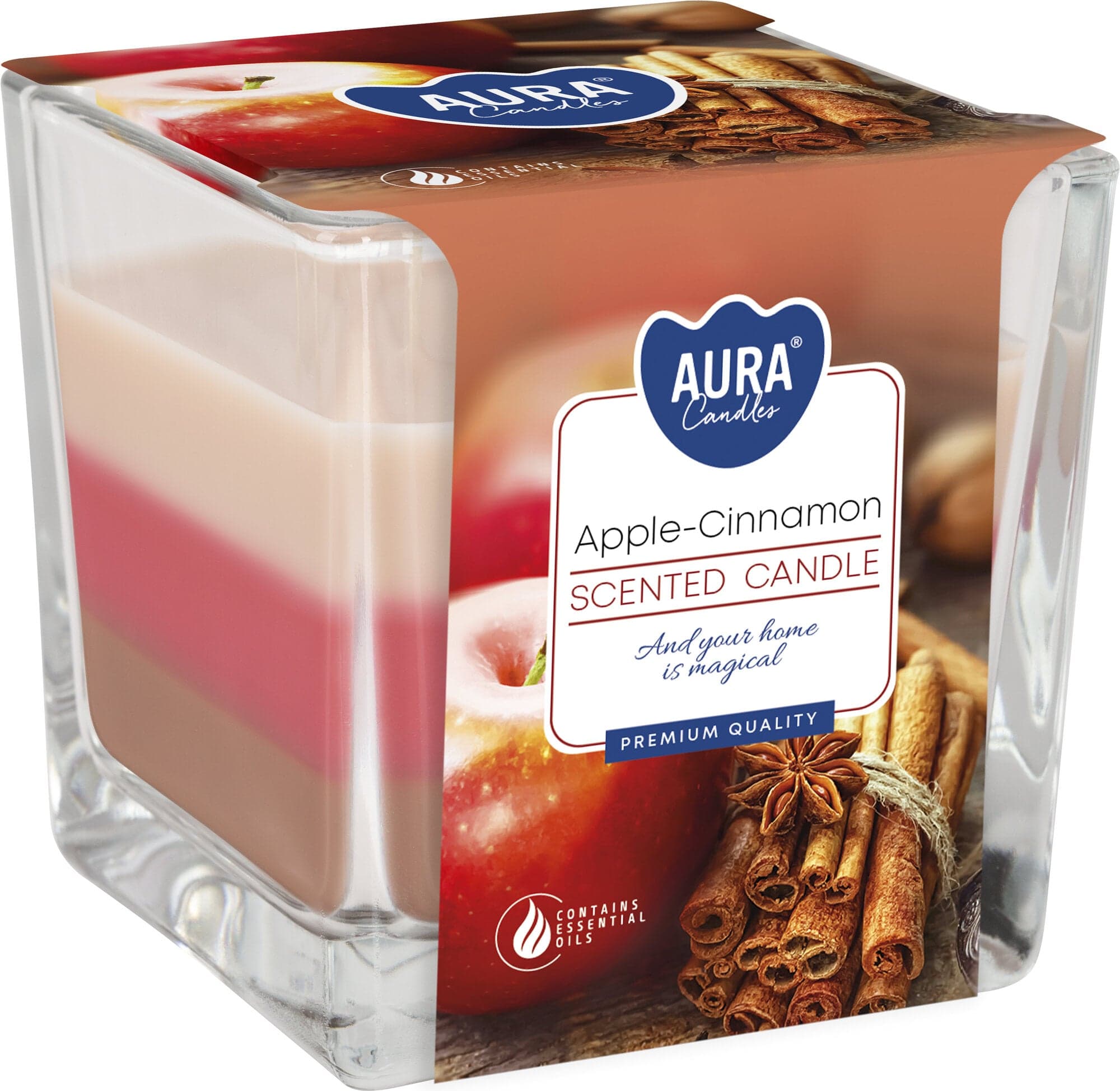 Aura Candles Jablko a skořice tříbarevná vonná svíčka ve skle