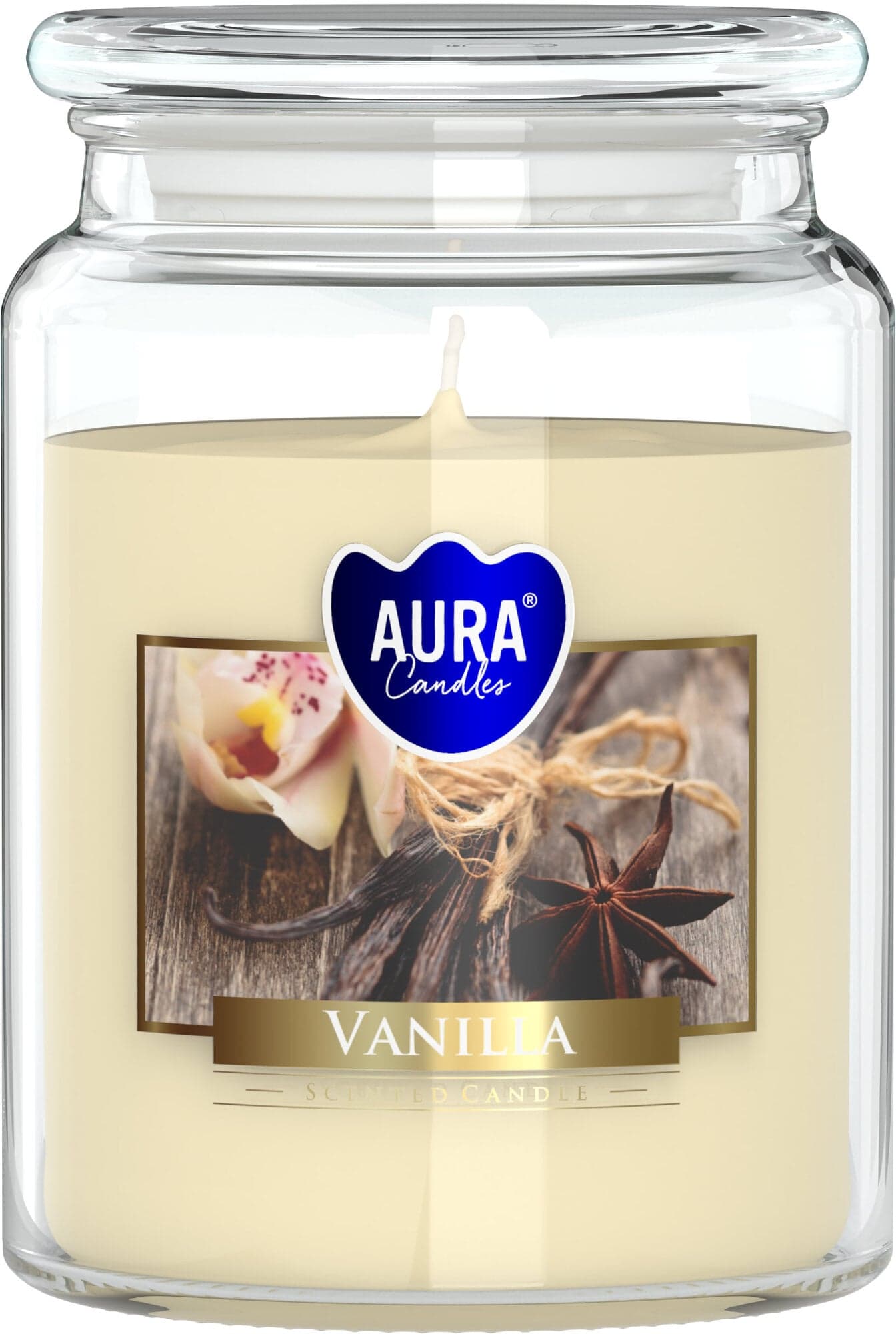 Aura Candles Vanilka velká vonná svíčka ve skle s víčkem