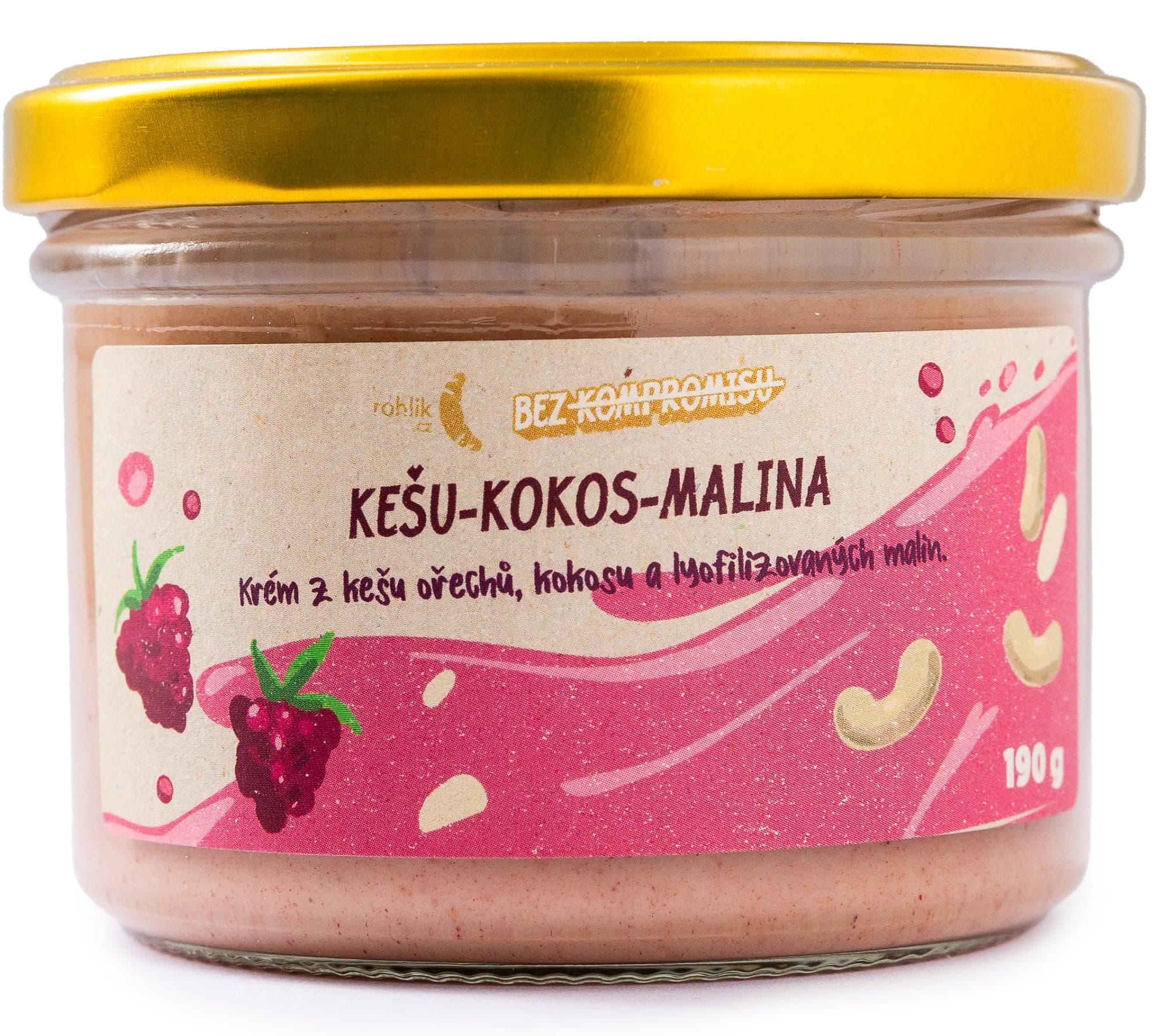 Kešu-kokos-malina krém z kokosu, ořechů a lyofilizovaných malin