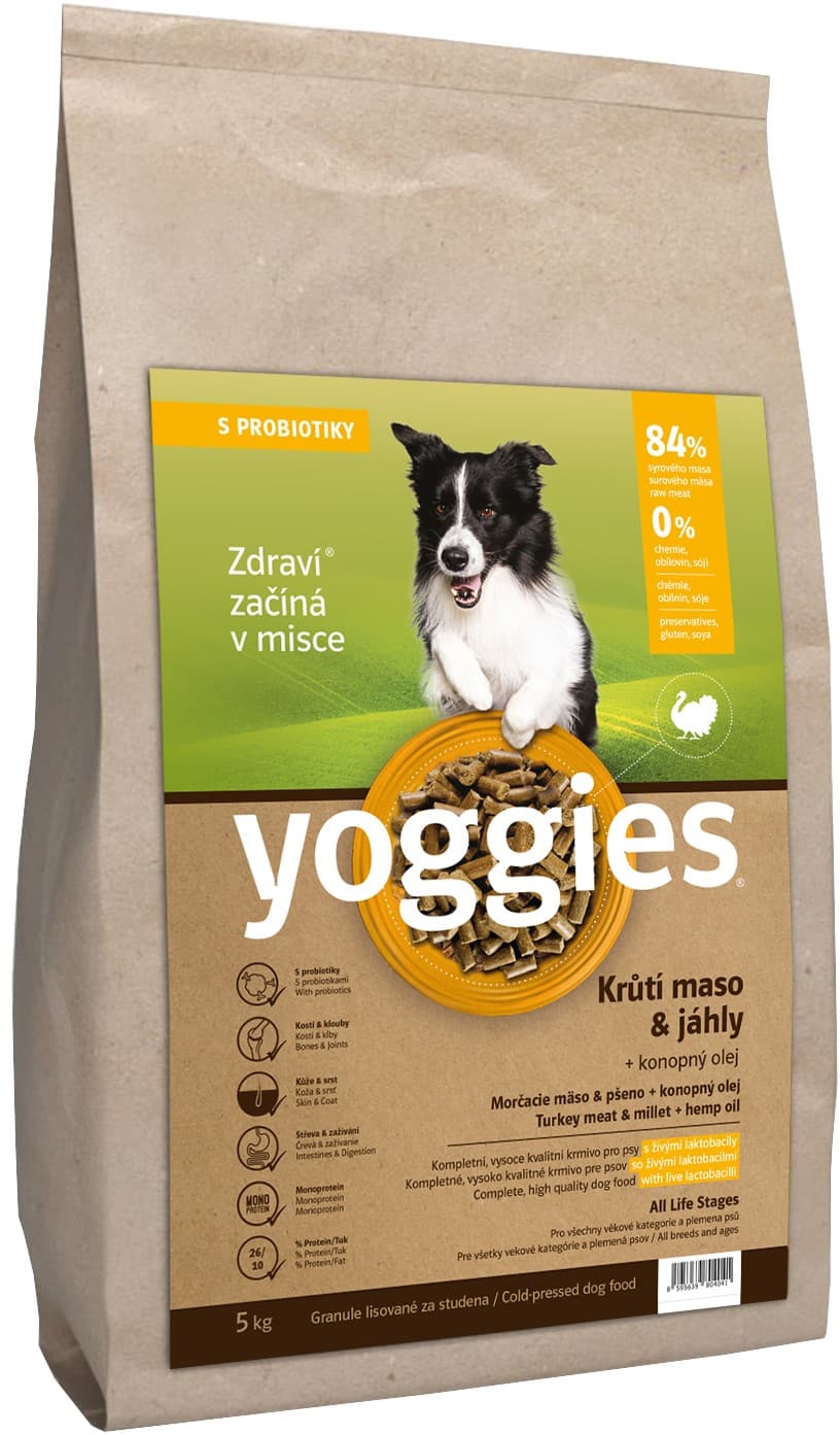 Yoggies Krůtí maso a jáhly – granule lisované za studena s probiotiky pro psy