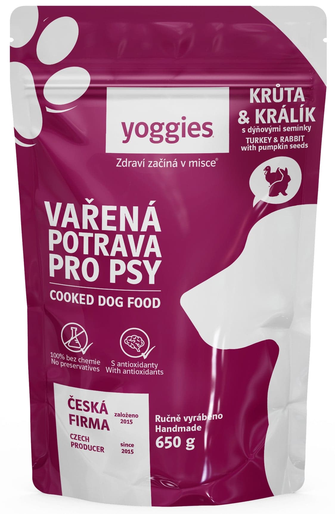 Yoggies Vařená potrava pro psy – krůtí a králičí maso s dýňovými semínky a kloubní výživou