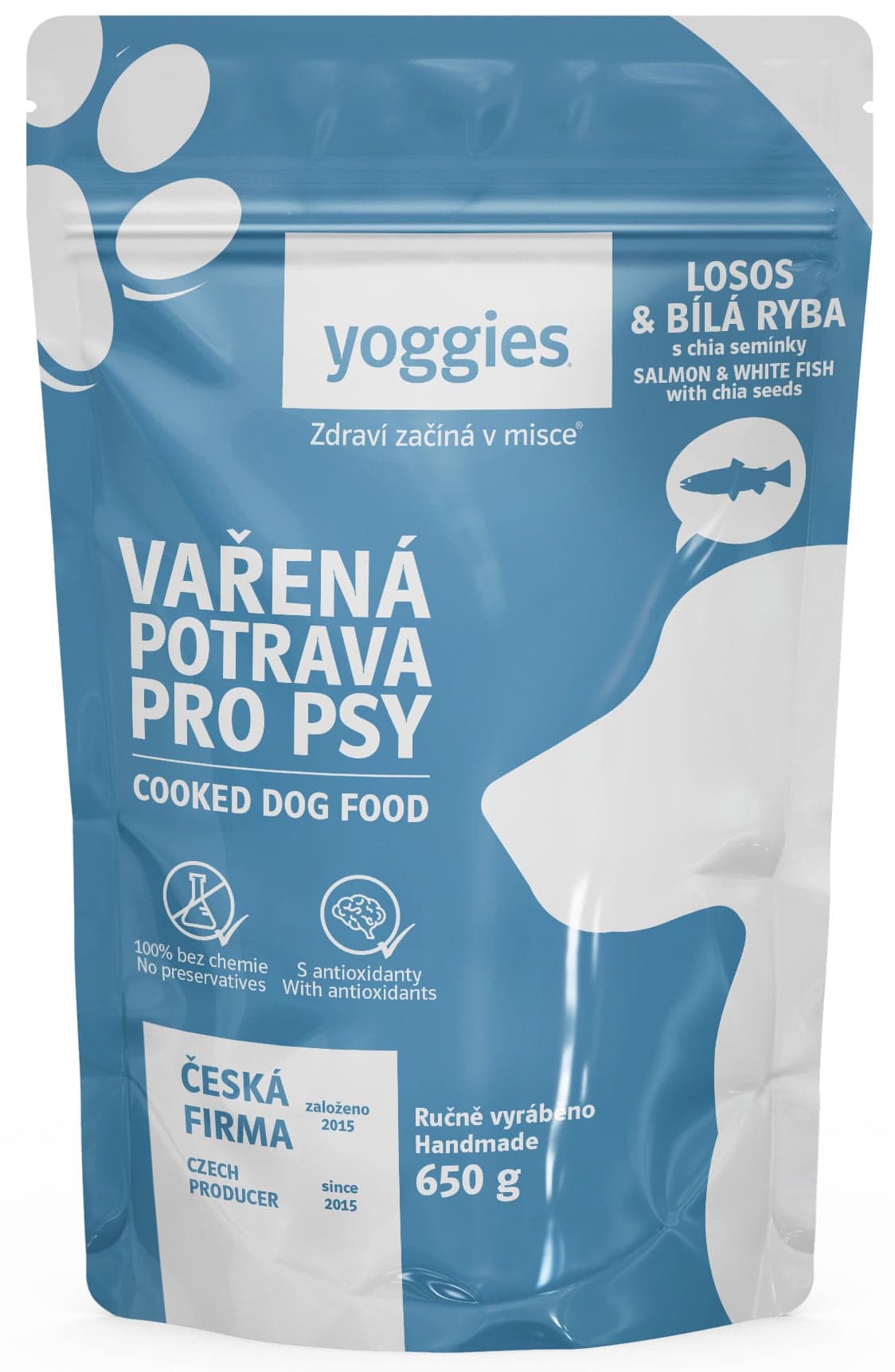 Yoggies Vařená potrava pro psy – losos a bílá ryba s chia semínky a kloubní výživou