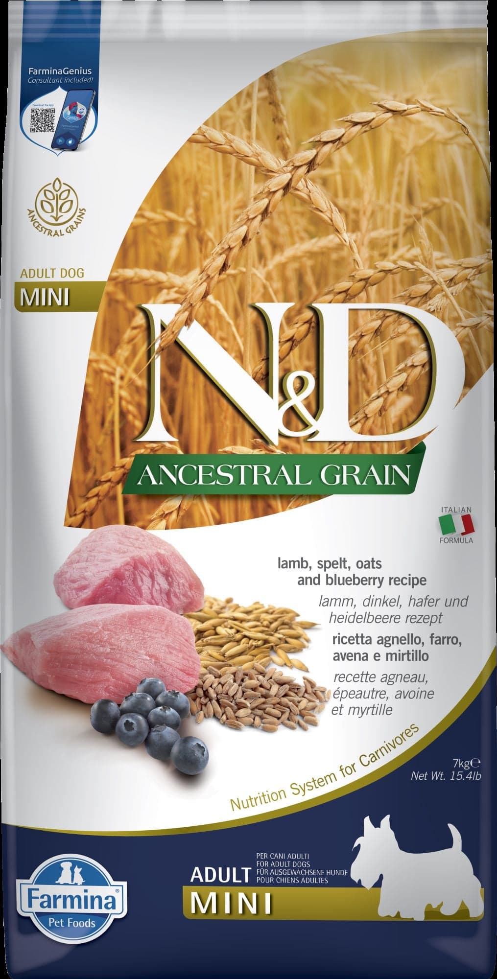 N&D Ancestral Grain granule pro dospělé psy malých plemen s jehněčím a borůvkami