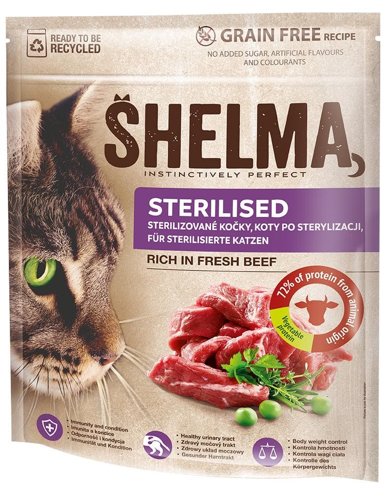Shelma Sterile bezobilné granule s čerstvým hovězím pro dospělé kočky