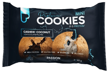 Passion Nutrition Plněné proteinové pečené cookies s kešu a kokosem s bílou a tmavou čokoládovou náplní