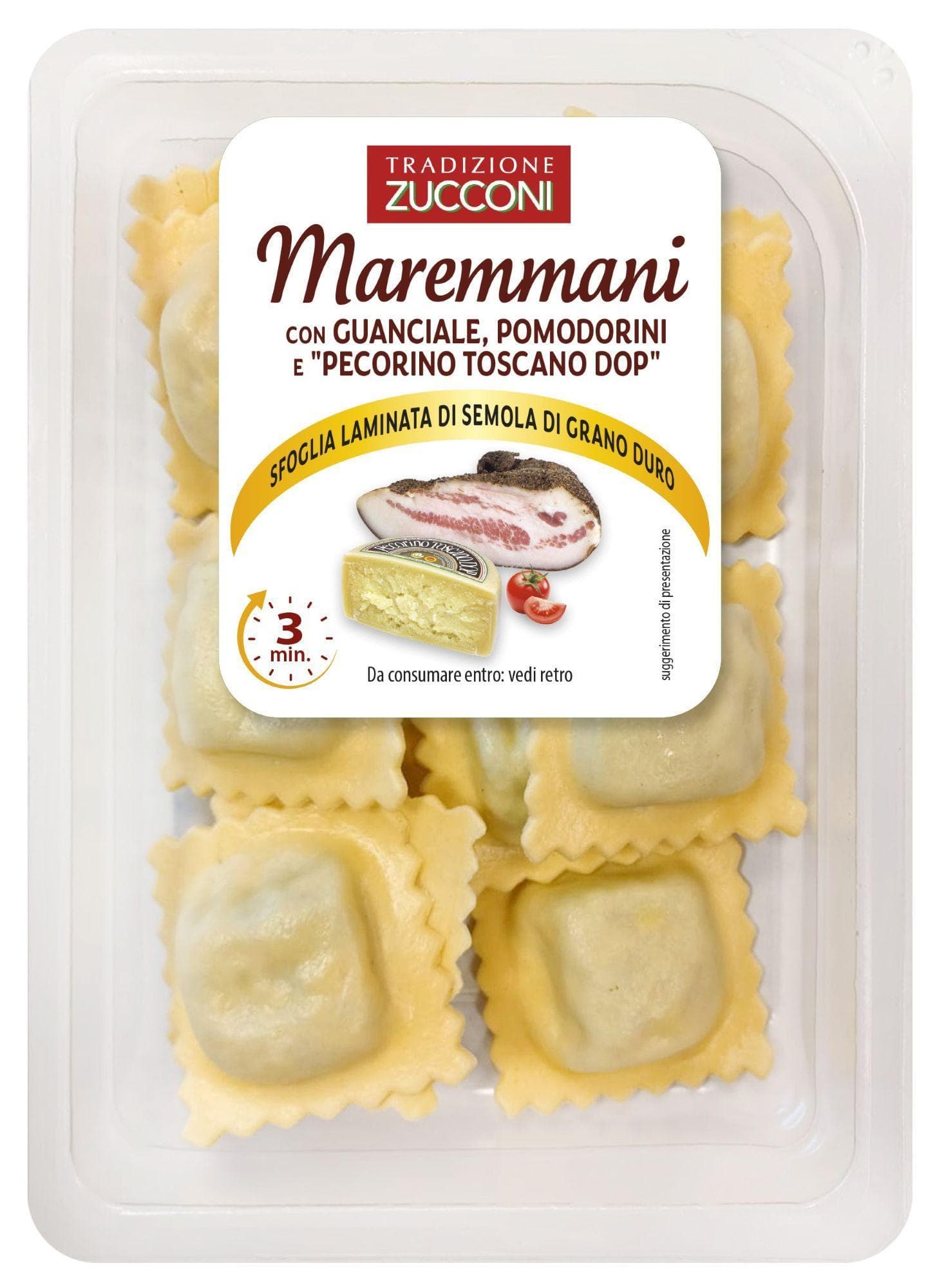 Zucconi Ravioli se slaninou, cherry rajčátky a toskánským pecorino