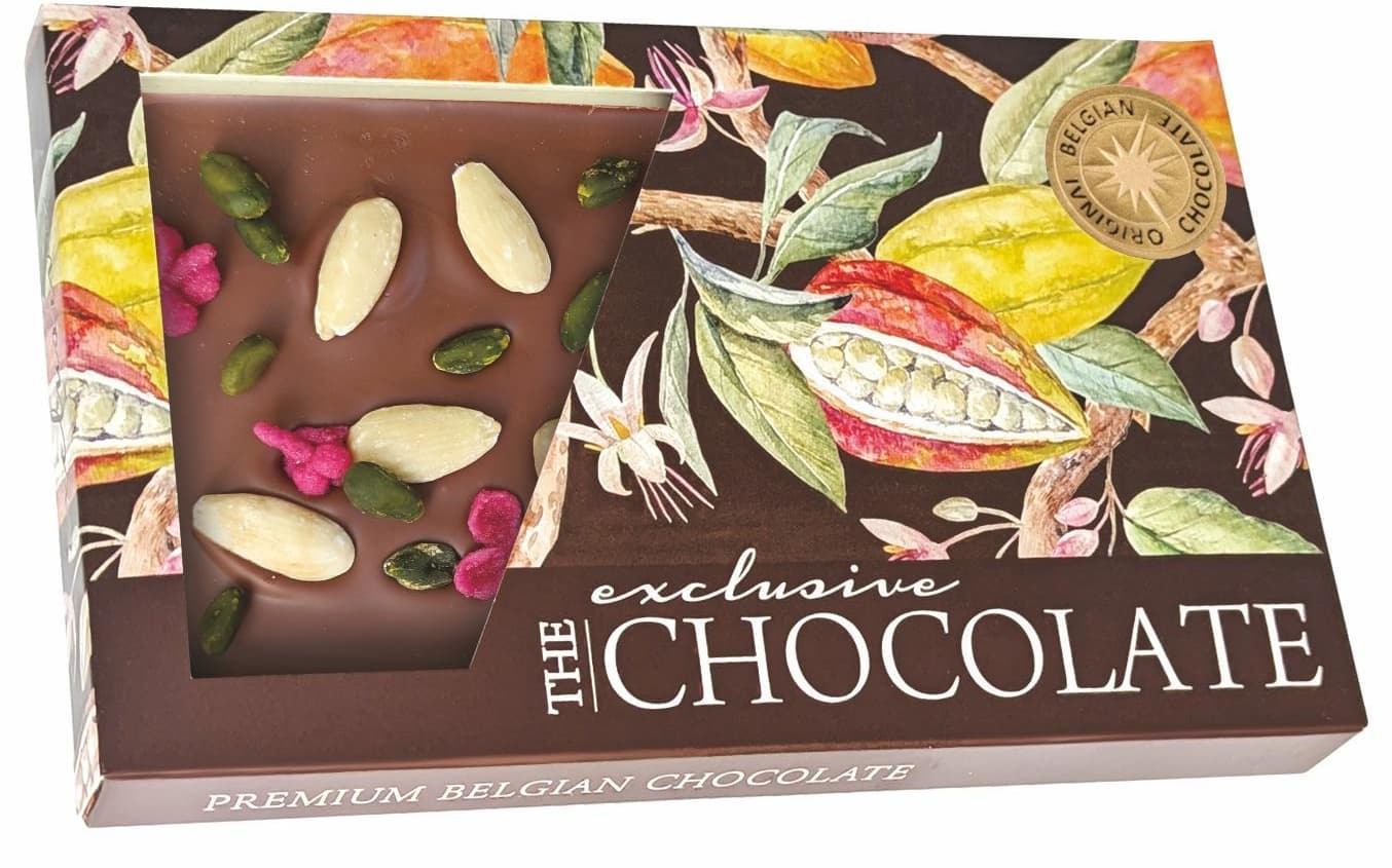 The Chocolate Formovaná mléčná čokoláda s mandlemi, pistáciemi a sušenými růžemi