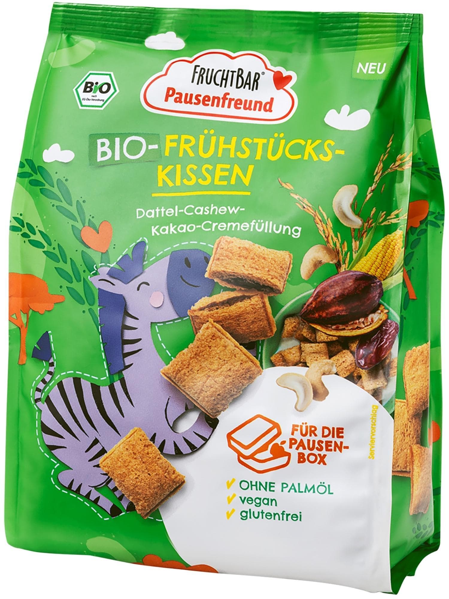 FruchtBar BIO Cereálie polštářky plněné kakaem a datlemi