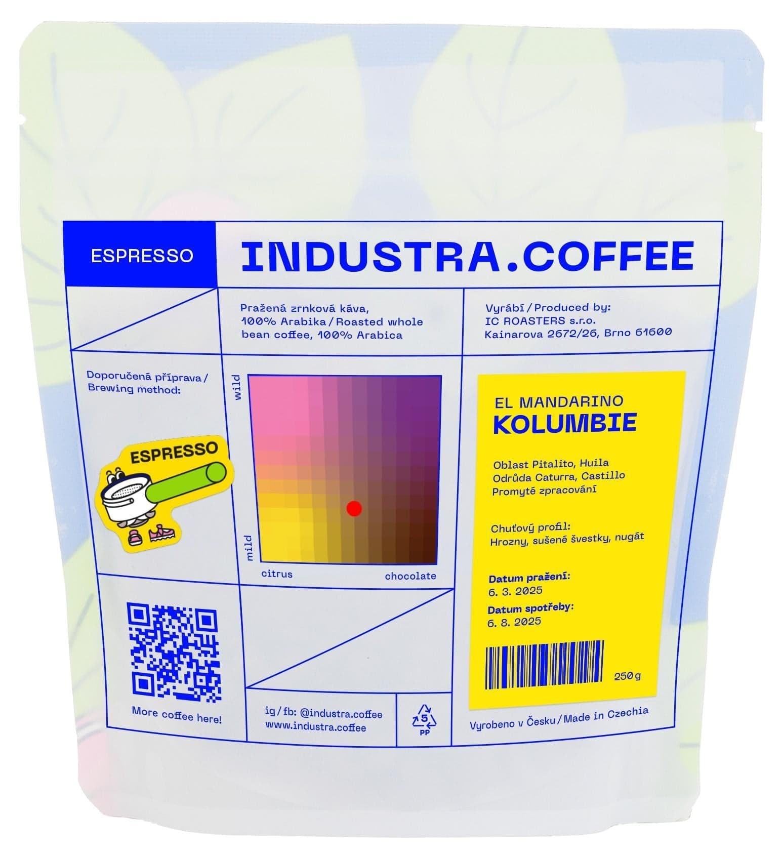 Industra.Coffee Kolumbie El Mandarino espresso zrnková káva