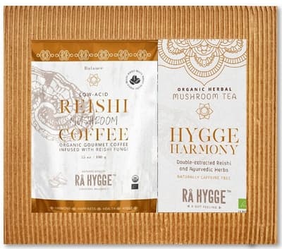 Rå Hygge BIO dárkový balíček REISHI zrnková káva a Harmony bylinný čaj