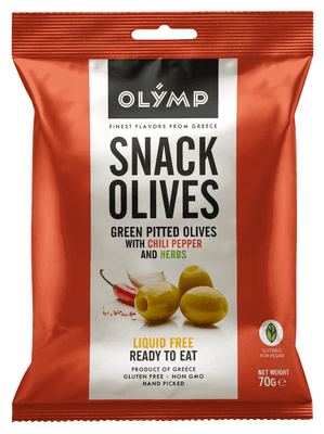 Olymp Zelené olivy bez pecky s chilli papričkou a bylinkami