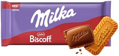 Milka čokoláda Lotus Biscoff s kousky karamelizovaných sušenek v mléčné čokoládě