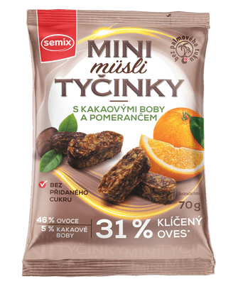 Semix Mini müsli tyčinky s kakaov boby a pomerančem bez lepku