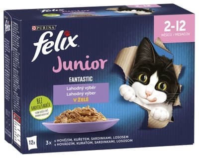 Felix Fantastic Junior kapsičky pro koťata hovězí, kuře, sardinky, losos v želé 12x85g