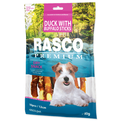 Rasco Premium Pochoutka z buvolí kůže obalená kachním, tyčinky pro psy
