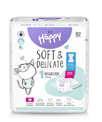 Bella Baby Happy dětské plenky s kanálky Soft & Delicate vel. 1 (2-5 kg), 82 ks