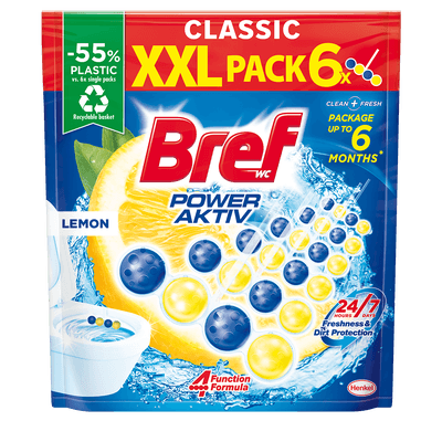 Bref Power Aktiv Lemon tuhý WC blok s vůní citronu, 6x 50 g
