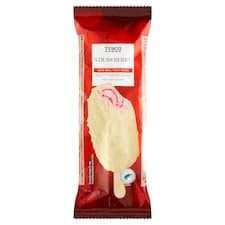 Mražený krém s jahodovou příchutí s jahodovou polevou v bílé čokoládě s křupinkami 120ml