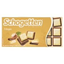Schogetten Bílá čokoláda s lískooříškovým krokantem na čokoládě gianduja a mléčné čokoládě 100g
