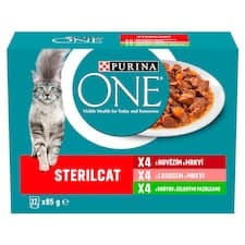 Purina ONE Sterilised kapsičky pro kočky hovězí, losos, krůta ve šťávě 12 x 85g