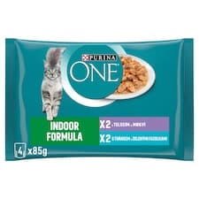 Purina ONE Indoor kapsičky pro kočky tuňák, telecí ve šťávě 4 x 85g