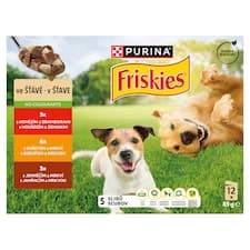 PURINA FRISKIES Adult výběr s hovězím, kuřetem a jehněčím ve šťávě 12 x 85g