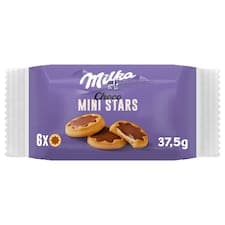 Milka Choco Mini Stars sušenky s mléčnou náplní a čokoládou z alpského mléka 37.5 g
