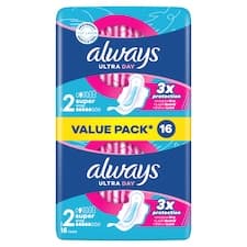 Always, Hygienické Vložky Ultra Day Super (Velikost 2), Křidélka x 16, Vložky