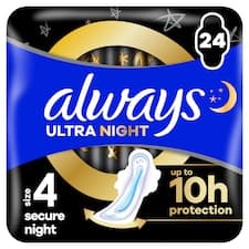 Always, Ultra Secure Night (Velikost 4) Hygienické Vložky, Křidélka x 24, Vložky