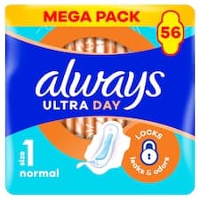 Always, Hygienické Vložky Ultra Day Normal (Velikost 1), Křidélka x 56, Vložky