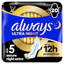Always, Hygienické Vložky Ultra Secure Night Extra (Velikost 5), Křidélka x 20, Vložky