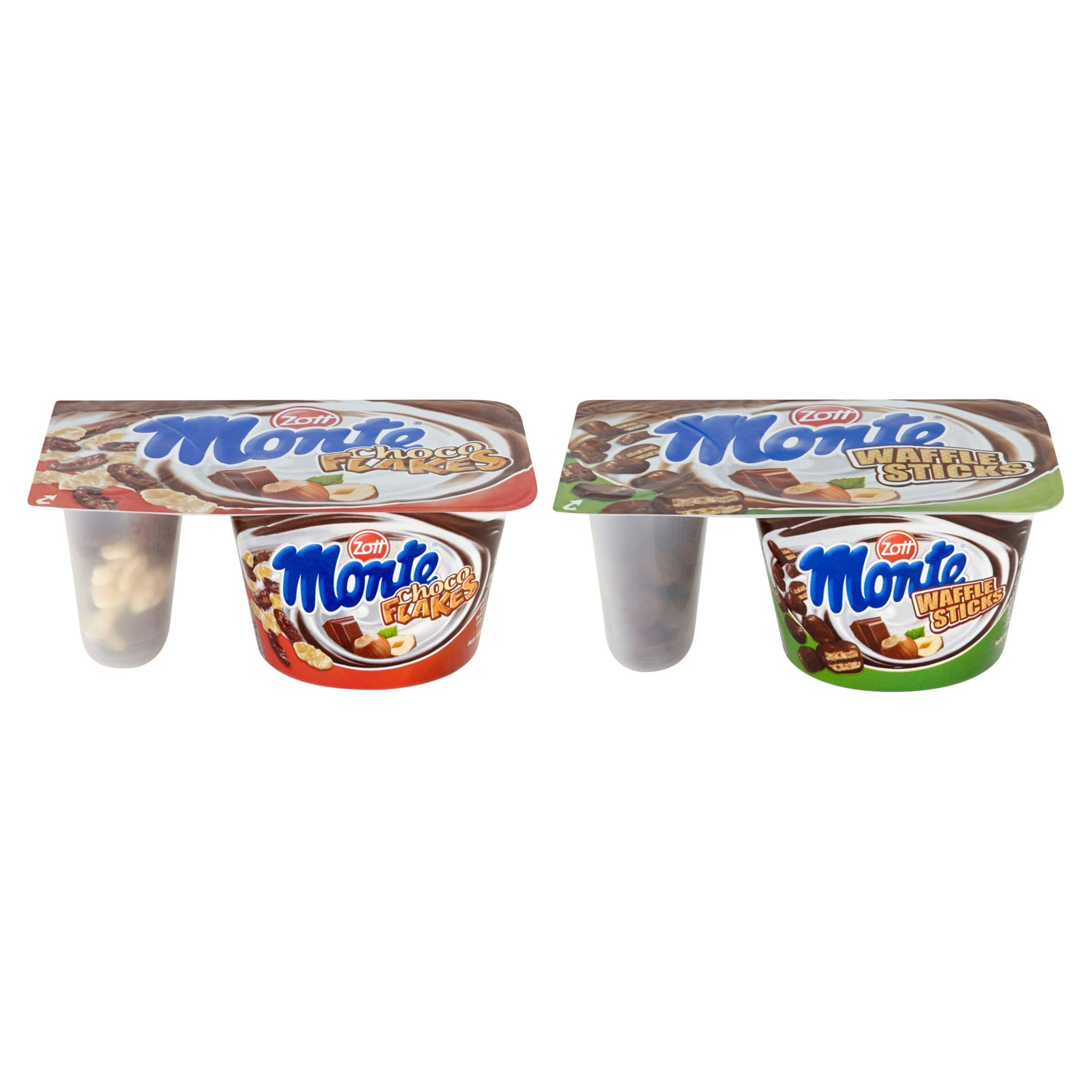 Zott Monte Mléčný dezert čokoládový s lískovými oříšky Choco-Flakes/Waffle sticks 125 g